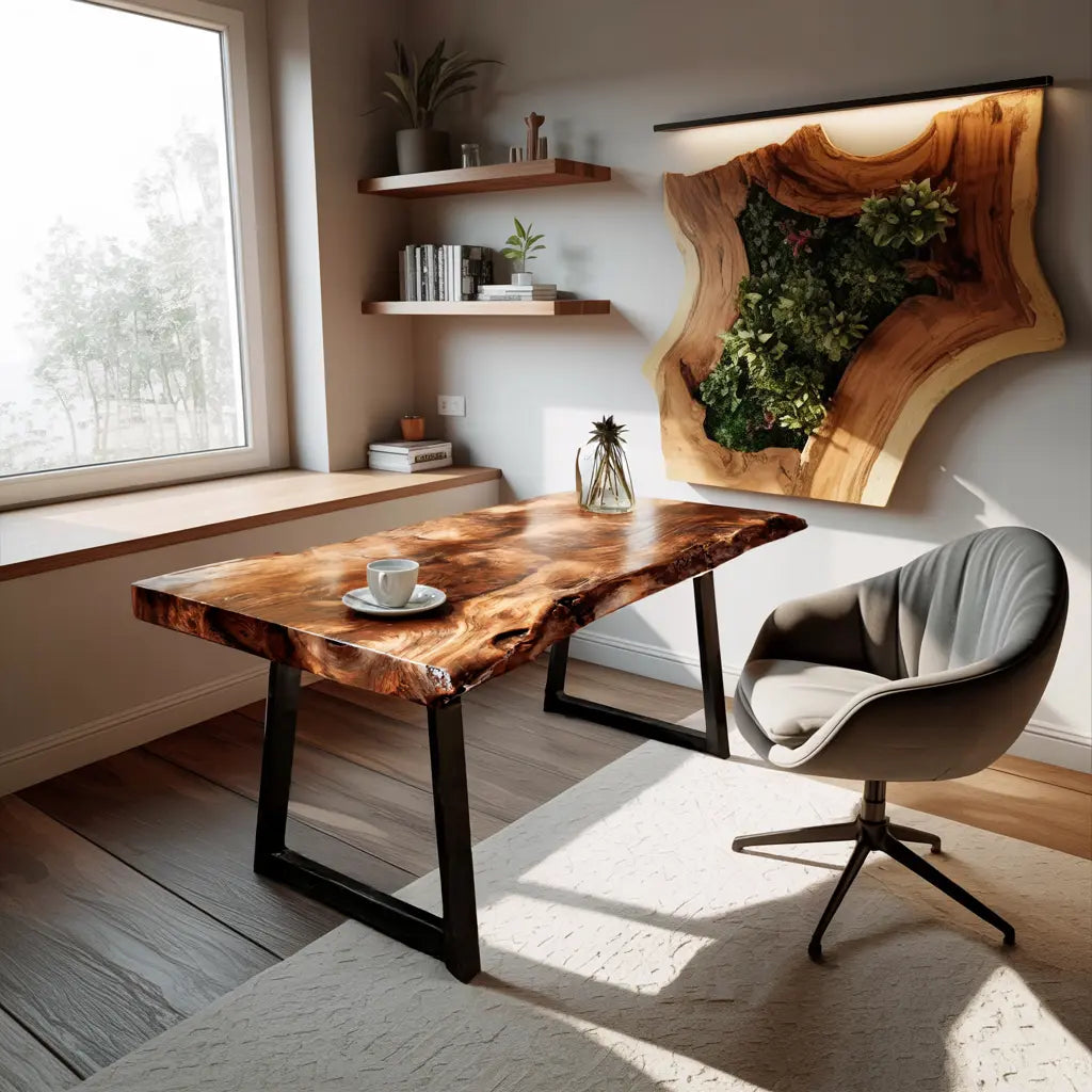 Modern Live Edge Wooden Desk With Metal Legs For Home Office Or Studio Kitchnce