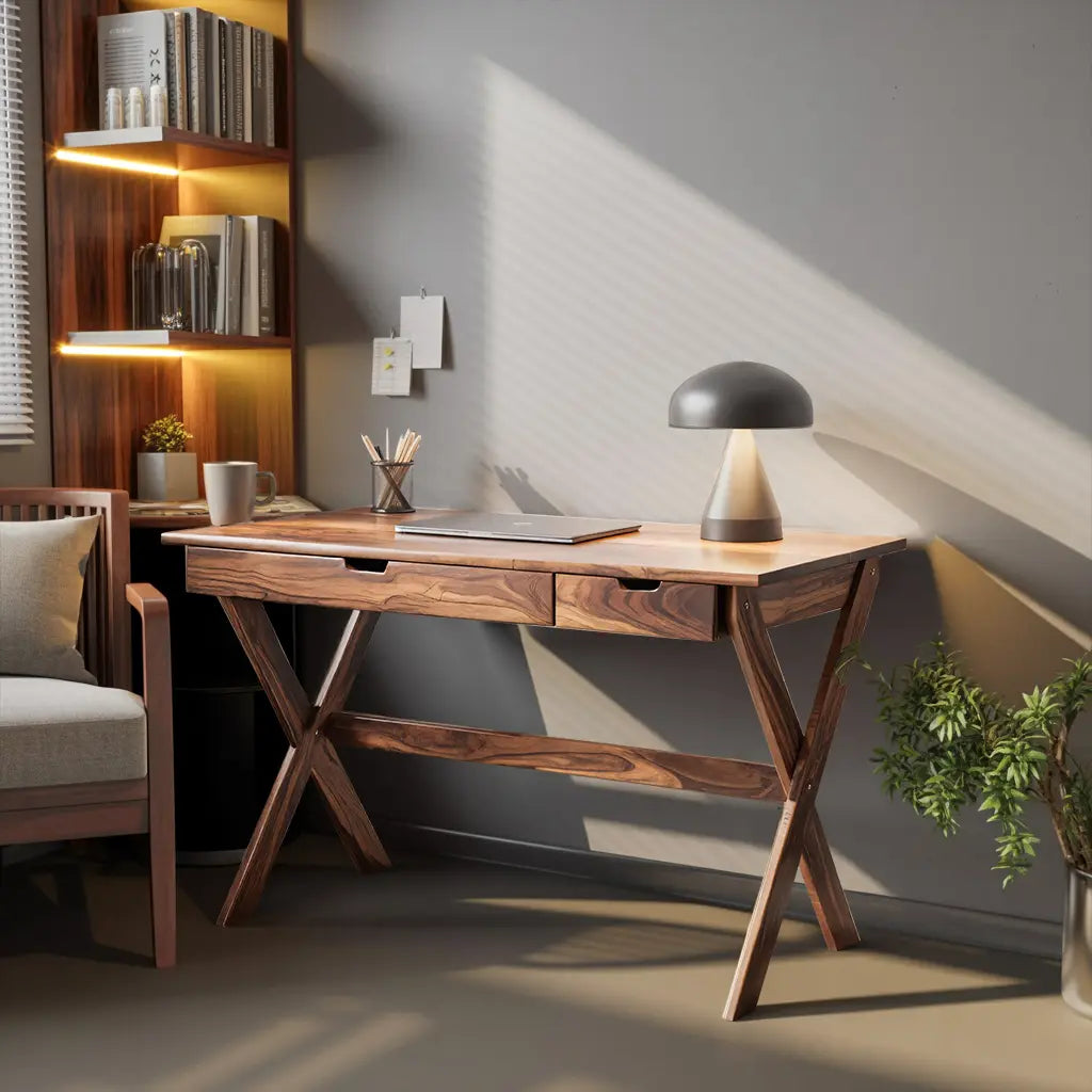 Scandinavian Wooden Desk with X Shaped Legs For Home Office Or Study Kitchnce