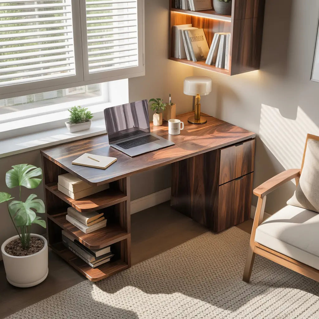 Contemporary Wooden Desk With Shelves And Drawers For Home Office Kitchnce