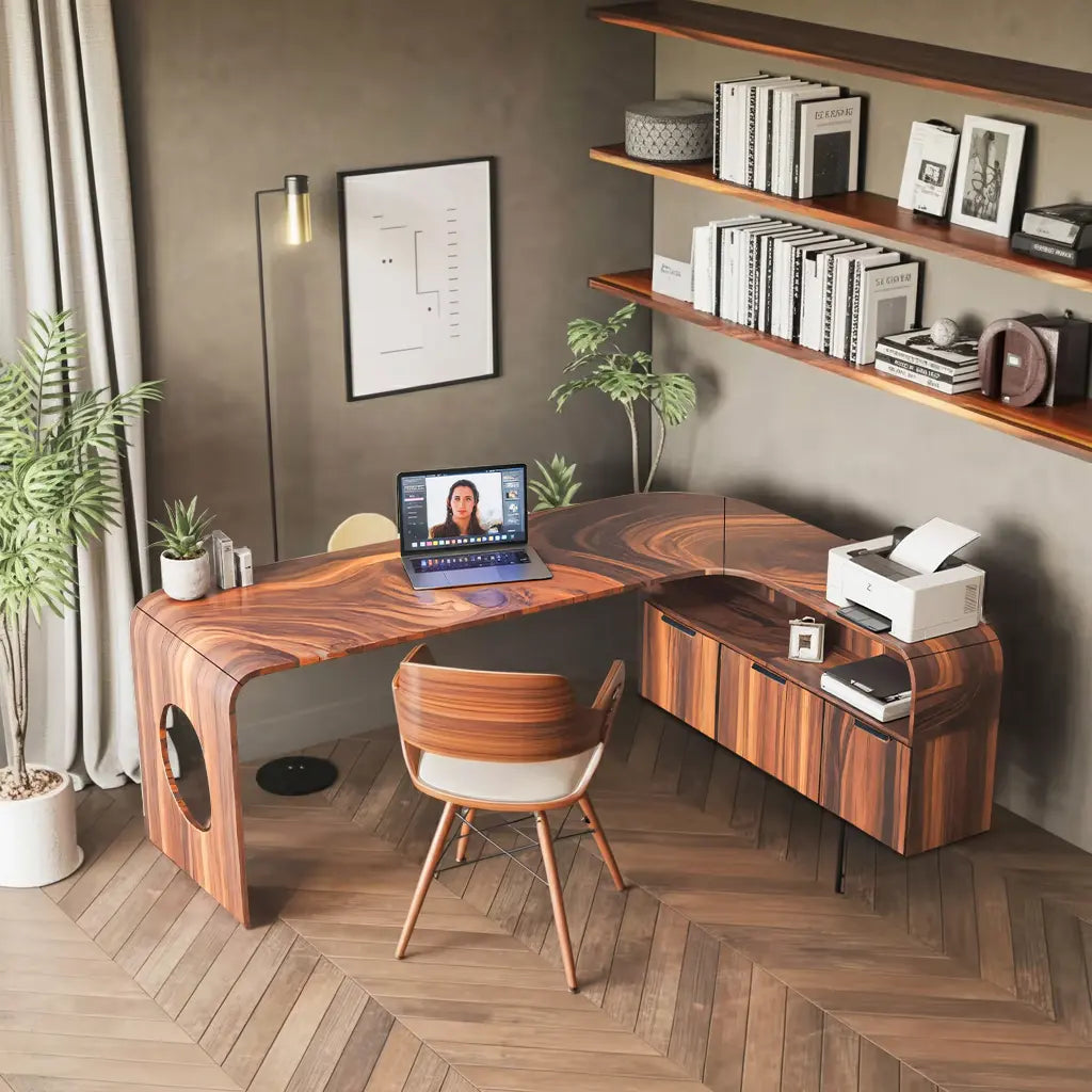 Modern L Shaped Wooden Desk With Rounded Corners For Executive Office Kitchnce