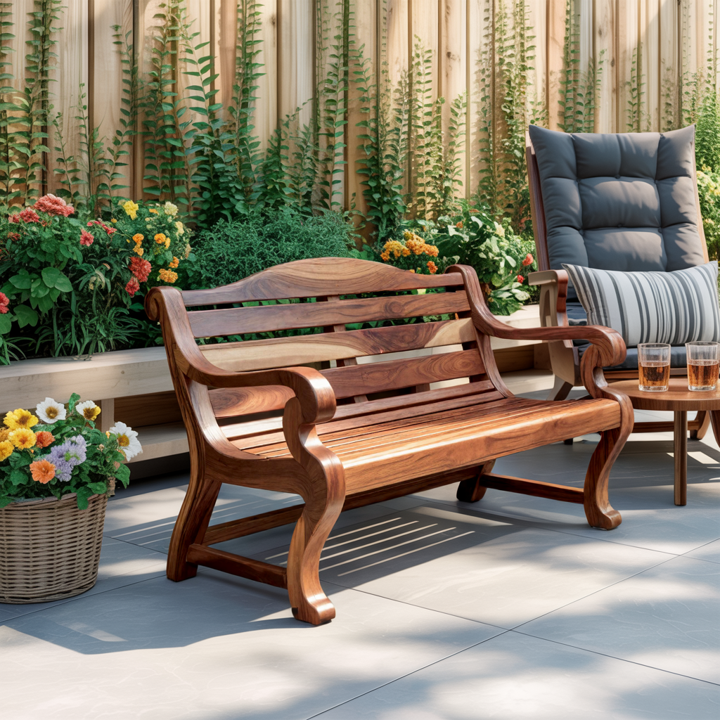 Classic Curved Wood Garden Bench With Sculpted Arms For Patio Or Entryway Kitchnce
