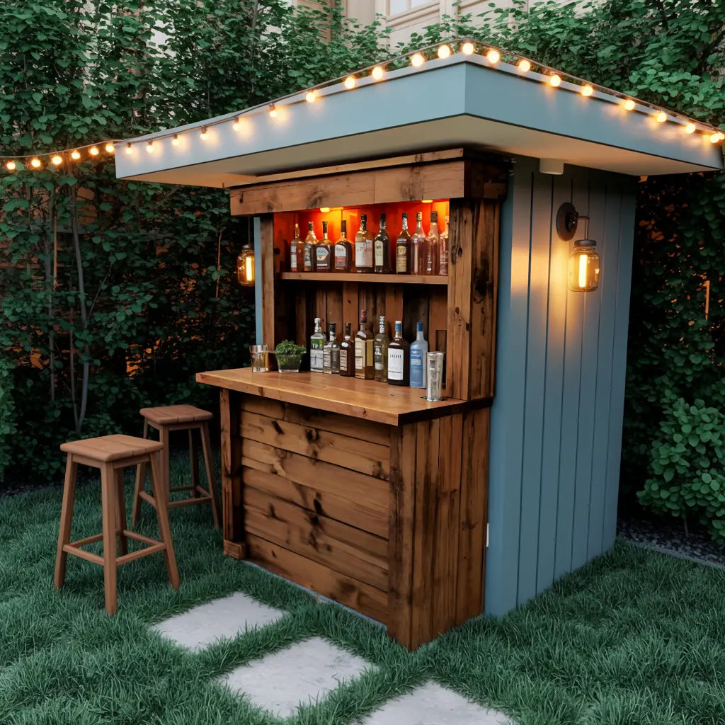 Rustic Wall Mounted Outdoor Bar With Shelves And Lights For Garden Or Patio Kitchnce