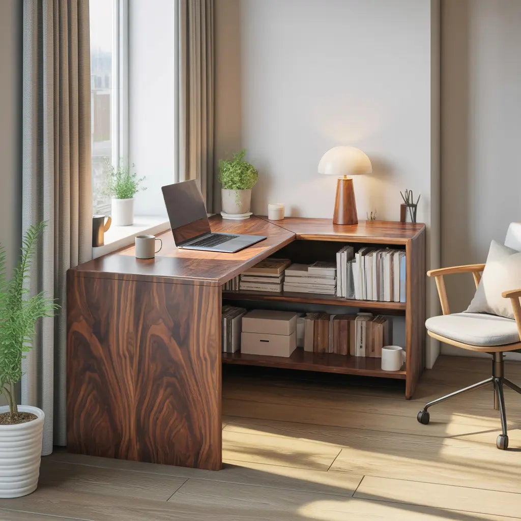 Modern L Shaped Wooden Desk With Bookshelf For Home Office Or Study Kitchnce