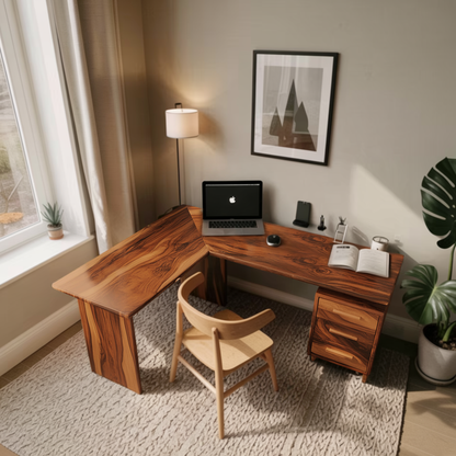 Modern L Shaped Wood Desk With Drawers For Home Office Or Vanity Kitchnce