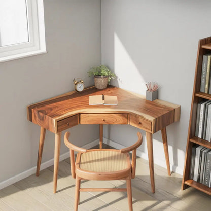 Mid Century Corner Wooden Desk With Drawer For Home Office Or Study Kitchnce