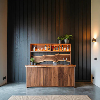 Modern Live Edge Indoor Bar Table With Wave Shelf For Home Lounge Kitchnce