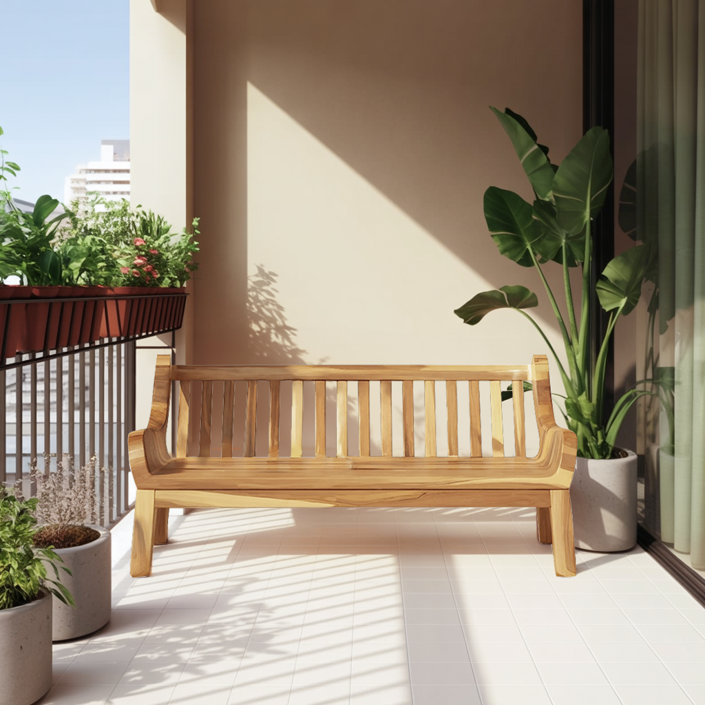 Contemporary Outdoor Wooden Bench With Curved Armrests For Garden Or Porch Kitchnce