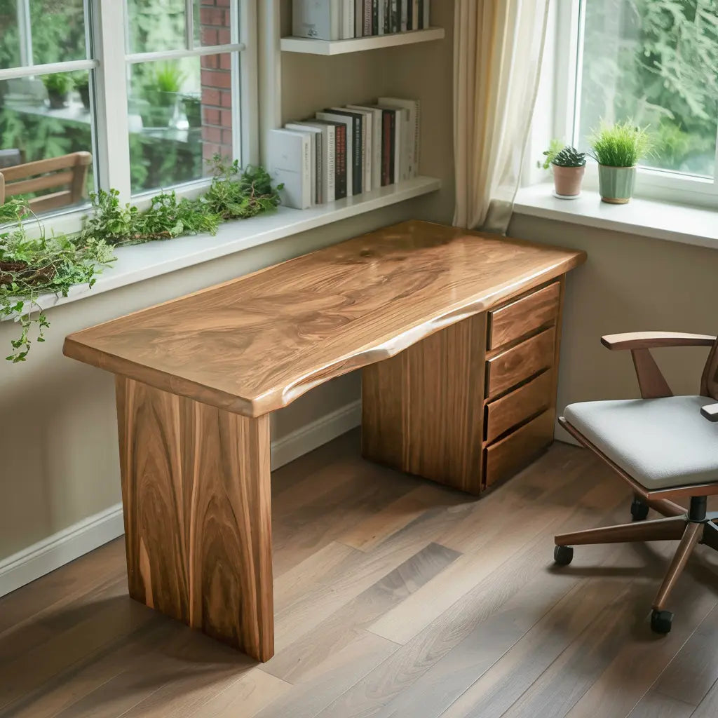 Rustic Live Edge Wooden Desk With Drawers For Home Office Or Study Kitchnce