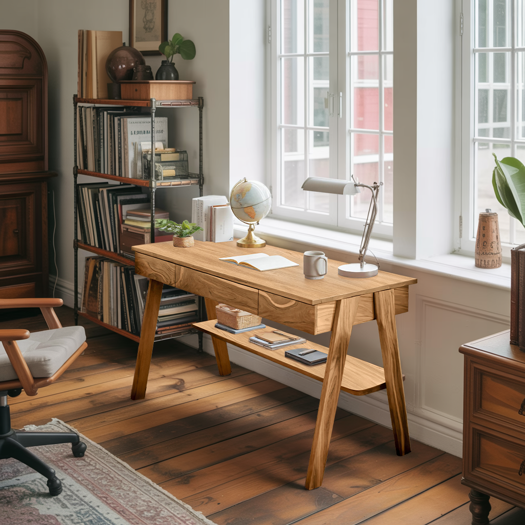 Mid Century Wooden Writing Desk With Drawers And Shelf For Home Office Kitchnce