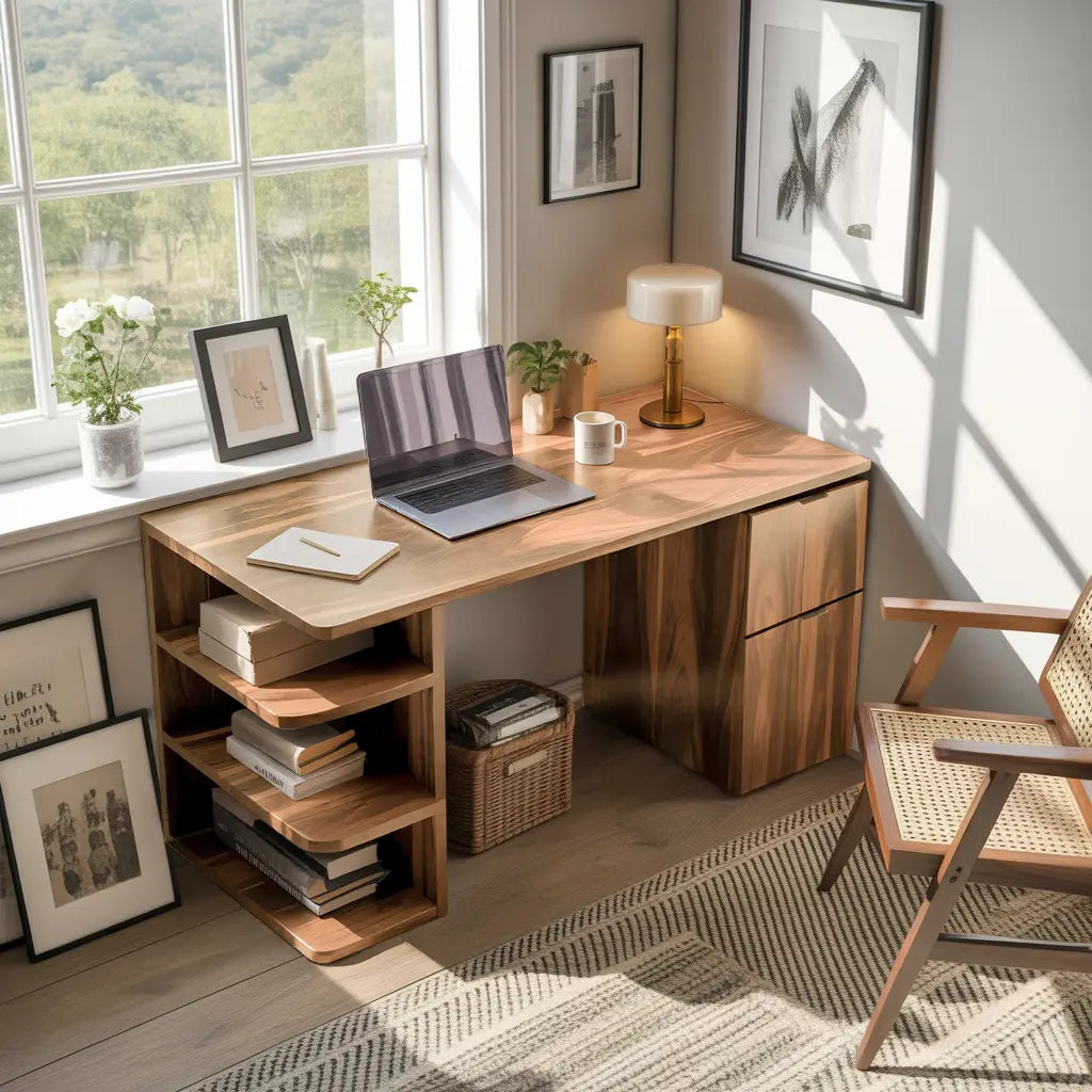 Contemporary Wooden Desk With Shelves And Drawers For Home Office Kitchnce