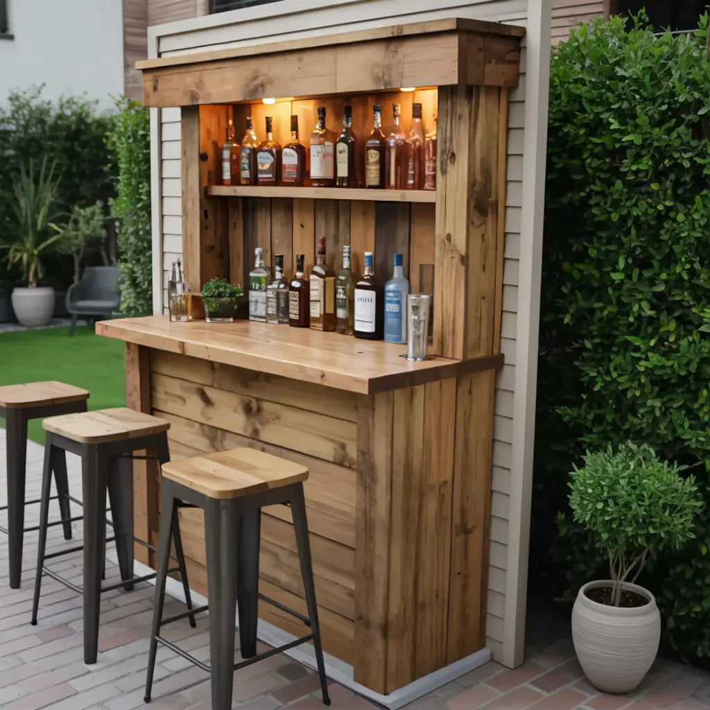 Rustic Wall Mounted Outdoor Bar With Shelves And Lights For Garden Or Patio Kitchnce
