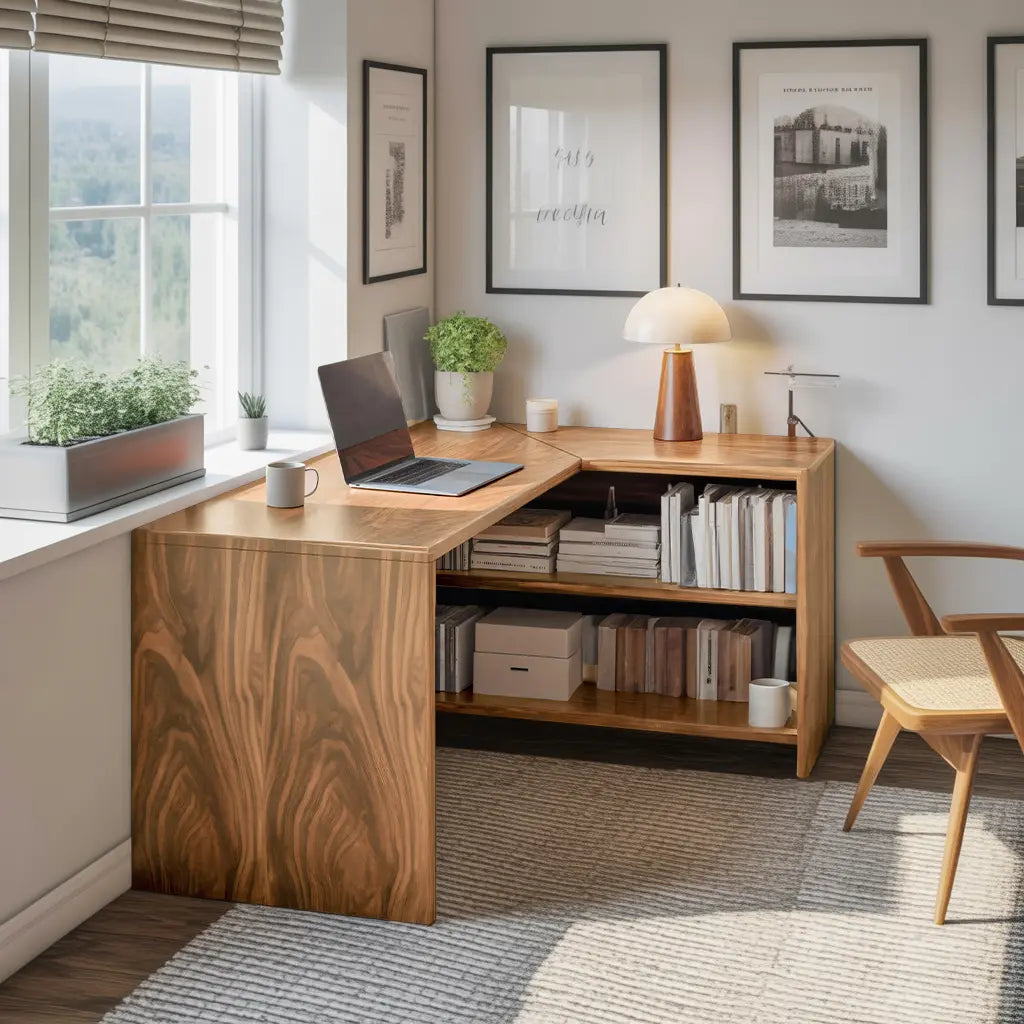 Modern L Shaped Wooden Desk With Bookshelf For Home Office Or Study Kitchnce