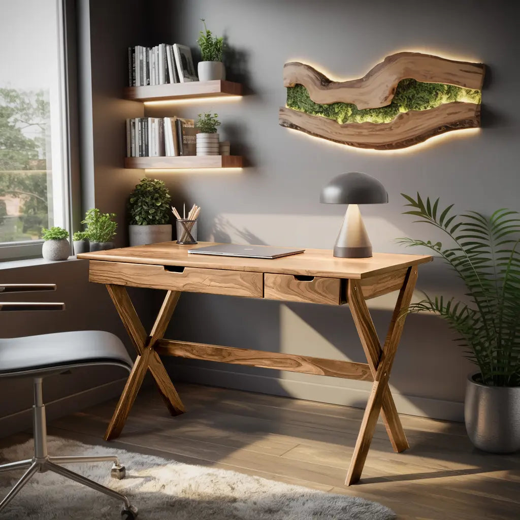 Scandinavian Wooden Desk with X Shaped Legs For Home Office Or Study Kitchnce