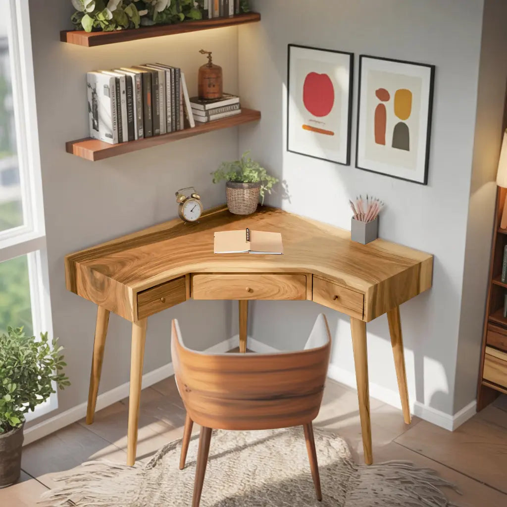 Mid Century Corner Wooden Desk With Drawer For Home Office Or Study Kitchnce