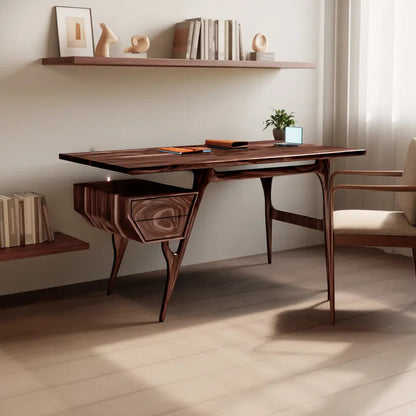 Mid Century Modern Wooden Writing Desk With Floating Drawer For Studio Kitchnce