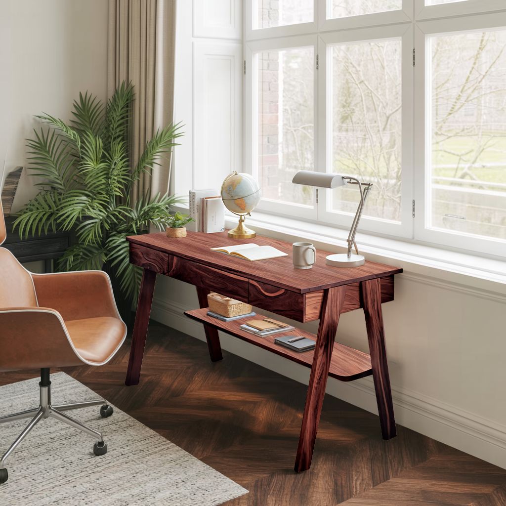 Mid Century Wooden Writing Desk With Drawers And Shelf For Home Office Kitchnce