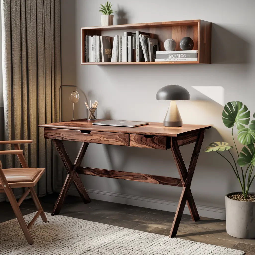 Scandinavian Wooden Desk with X Shaped Legs For Home Office Or Study Kitchnce