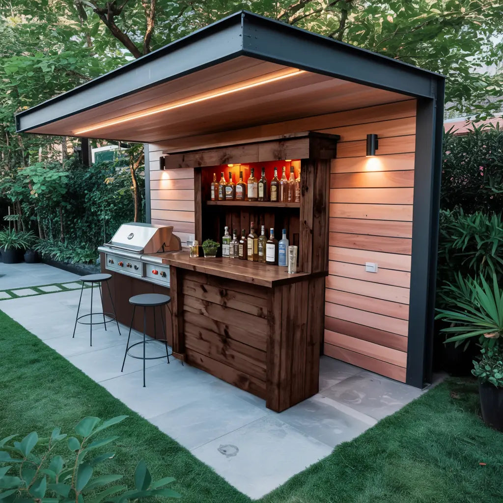 Rustic Wall Mounted Outdoor Bar With Shelves And Lights For Garden Or Patio Kitchnce