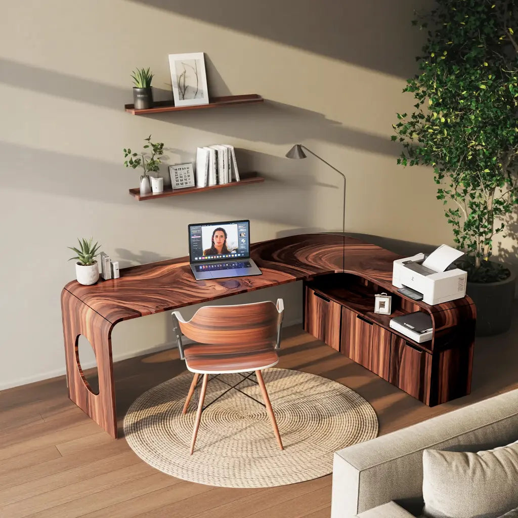 Modern L Shaped Wooden Desk With Rounded Corners For Executive Office Kitchnce