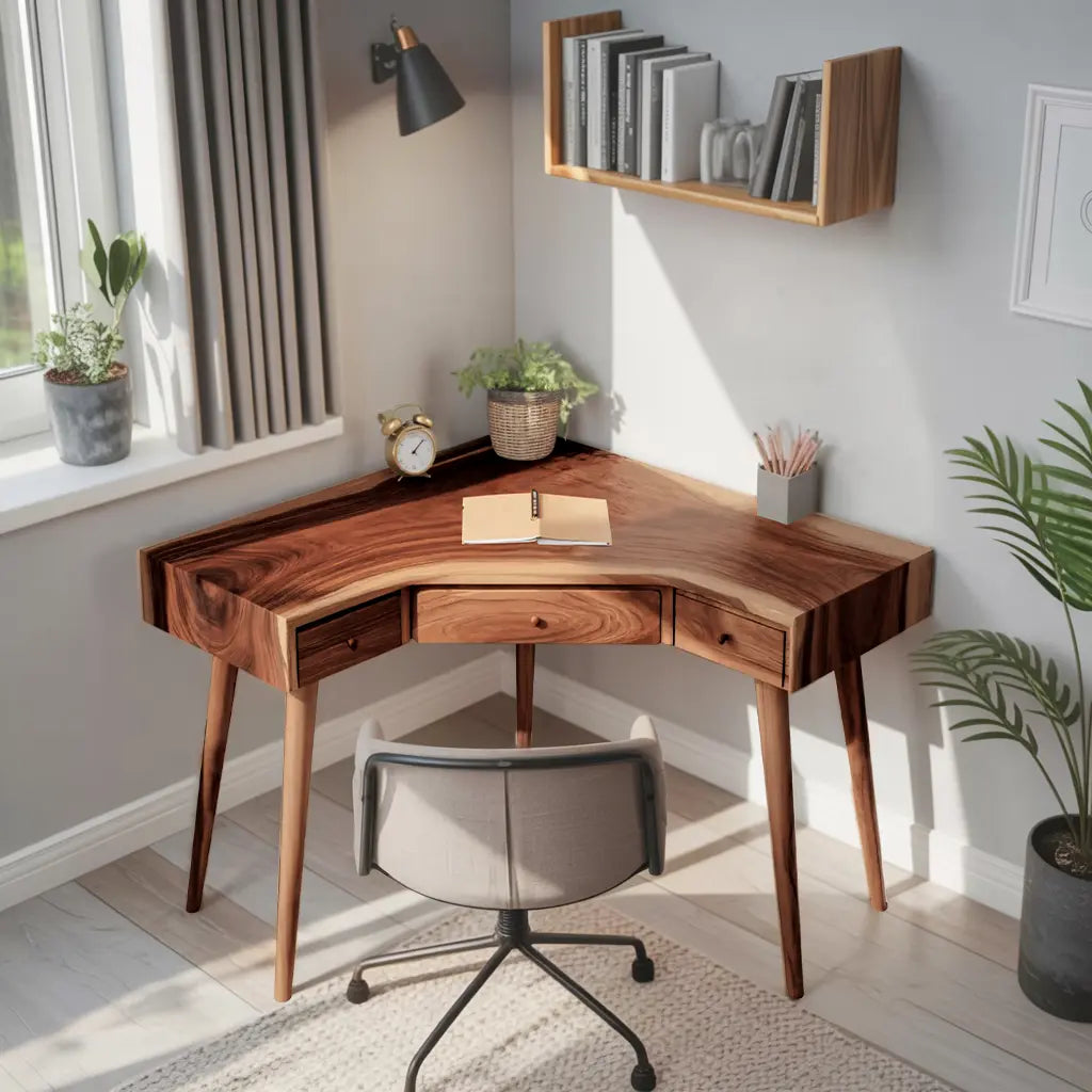Mid Century Corner Wooden Desk With Drawer For Home Office Or Study Kitchnce