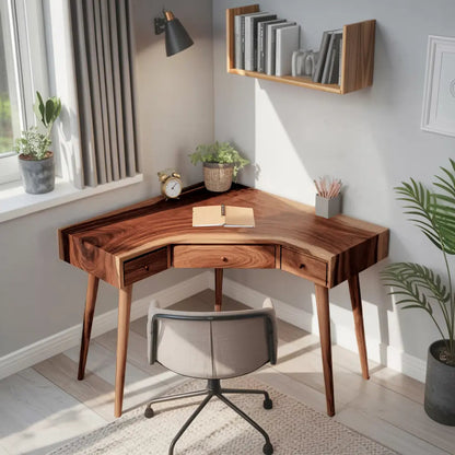 Mid Century Corner Wooden Desk With Drawer For Home Office Or Study Kitchnce