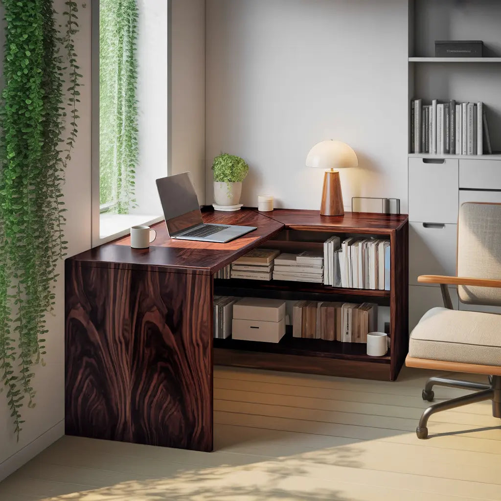 Modern L Shaped Wooden Desk With Bookshelf For Home Office Or Study Kitchnce