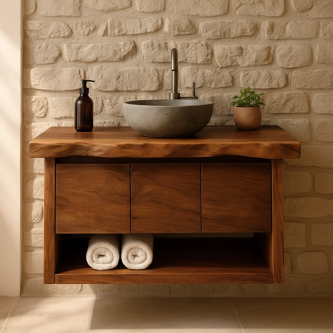 Handcrafted Solid Wood Floating Bathroom Vanity with Live Edge Top - Rustic Modern Washstand Kitchnce