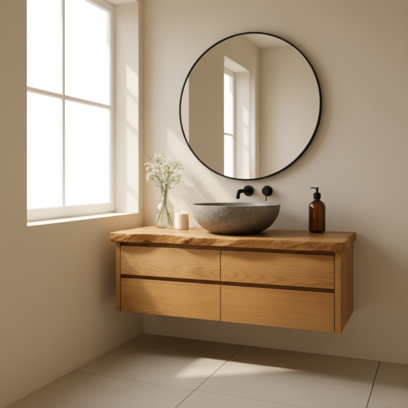 Handcrafted Solid Wood Floating Bathroom Vanity with Live Edge Top - Minimalist Modern Design Kitchnce