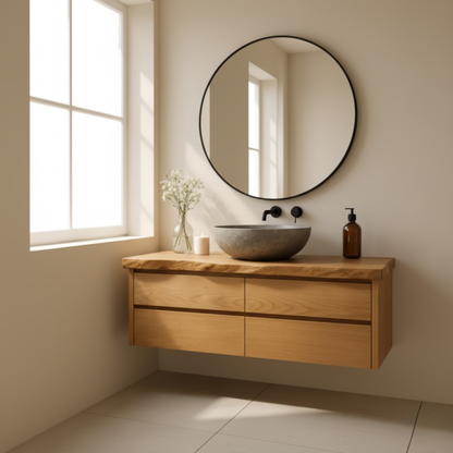 Handcrafted Solid Wood Floating Bathroom Vanity with Live Edge Top - Minimalist Modern Design Kitchnce