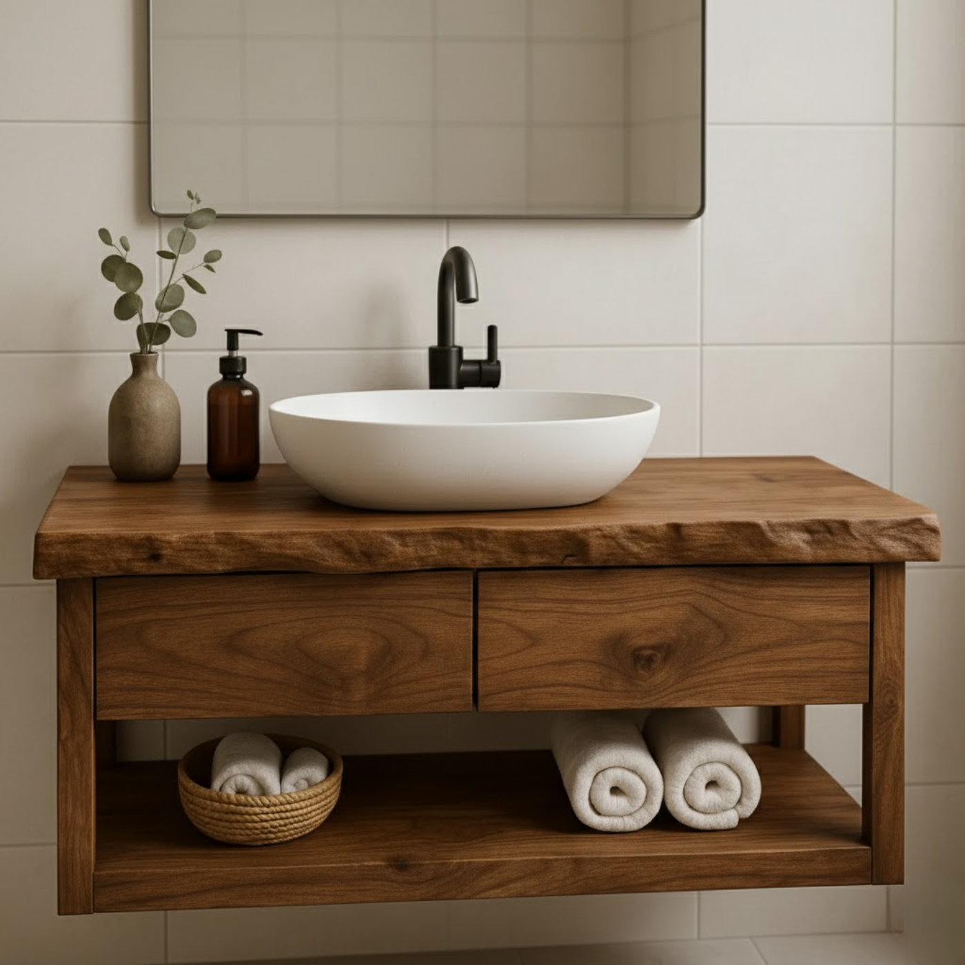 Handcrafted Solid Wood Floating Bathroom Vanity with Live Edge Top - Modern Rustic Washstand Kitchnce
