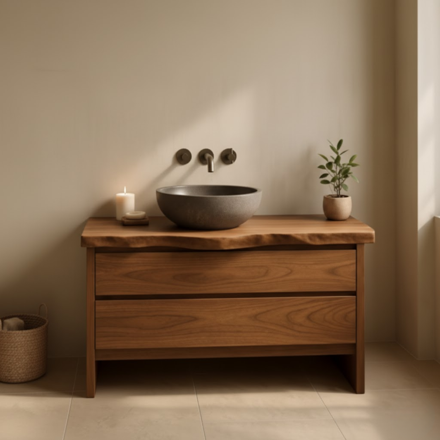 Handcrafted Solid Wood Bathroom Vanity with Live Edge Top - Rustic Modern Washstand Kitchnce