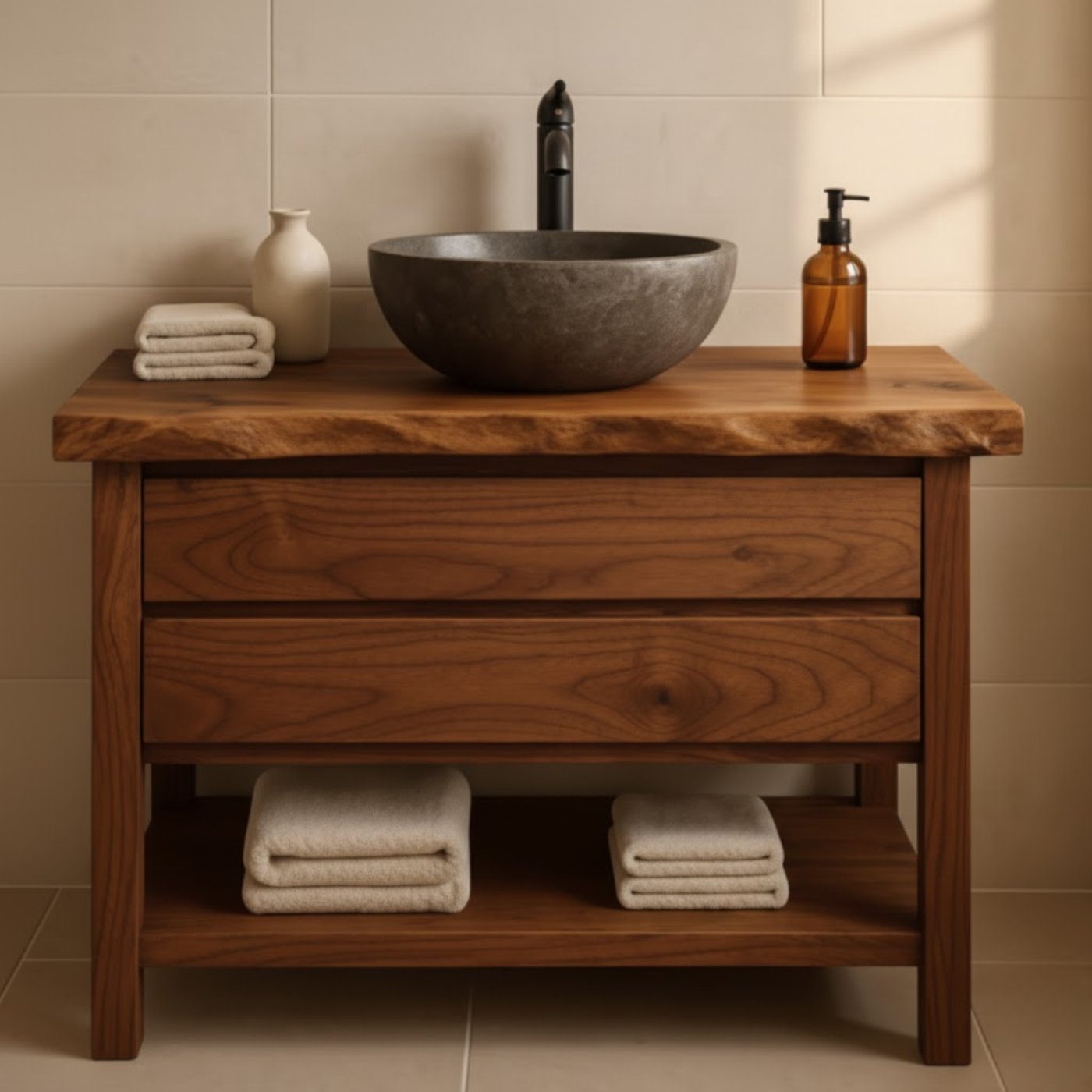 Handcrafted Solid Wood Bathroom Vanity - Live Edge Dark Wood Cabinet & Open Shelf Kitchnce