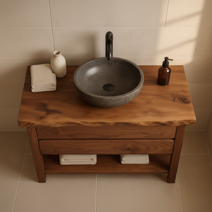 Handcrafted Solid Wood Bathroom Vanity - Live Edge Dark Wood Cabinet & Open Shelf Kitchnce