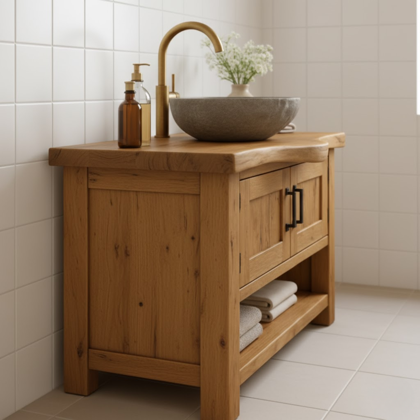 Handcrafted Solid Wood Bathroom Vanity - Rustic Live Edge Cabinet & Open Shelf Kitchnce