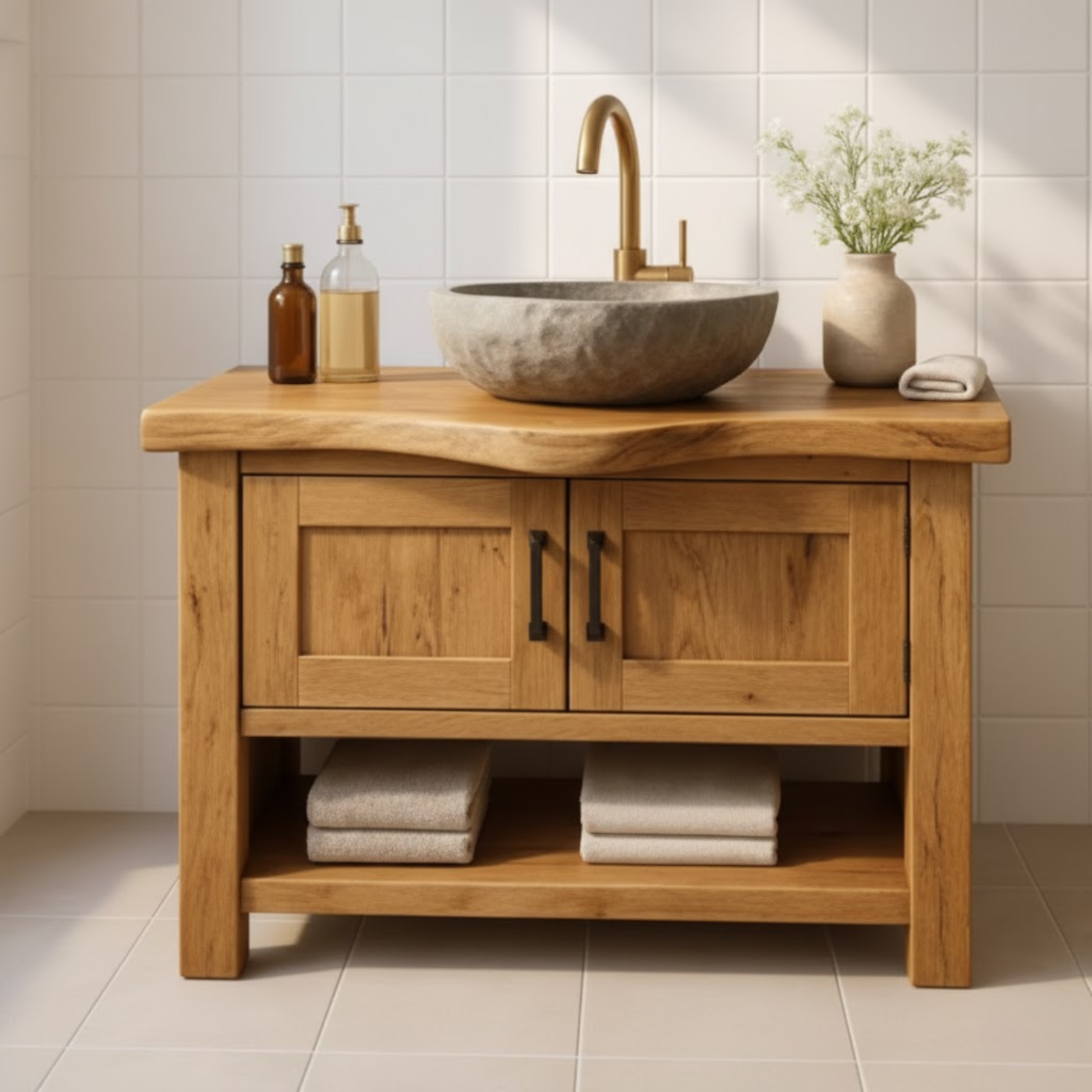 Handcrafted Solid Wood Bathroom Vanity - Rustic Live Edge Cabinet & Open Shelf Kitchnce