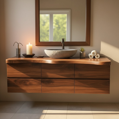 Handcrafted Solid Wood Vanity - Wide Floating Live Edge Cabinet with Drawers Kitchnce