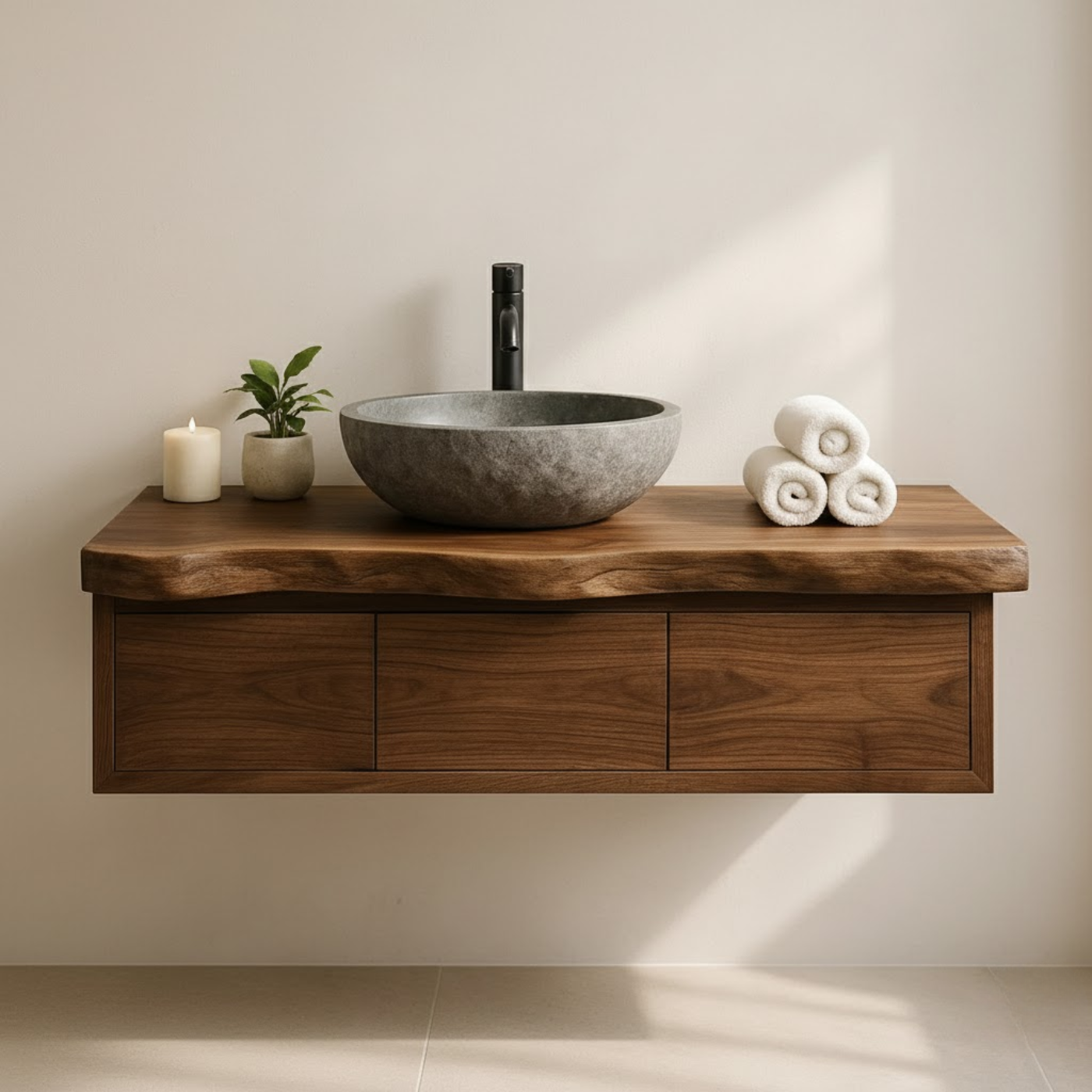 Handcrafted Solid Wood Floating Vanity - Live Edge Wall-Mounted Cabinet Kitchnce