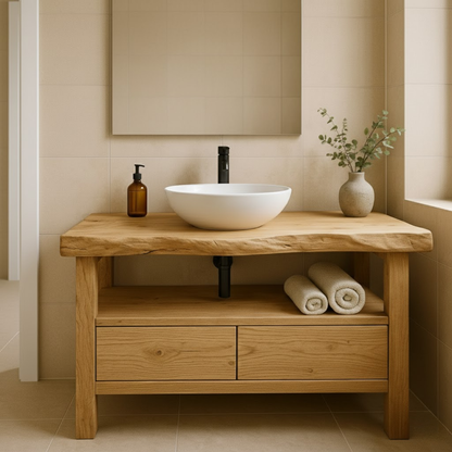 Handcrafted Solid Wood Bathroom Vanity - Live Edge Rustic Stand with Drawers & Shelf Kitchnce