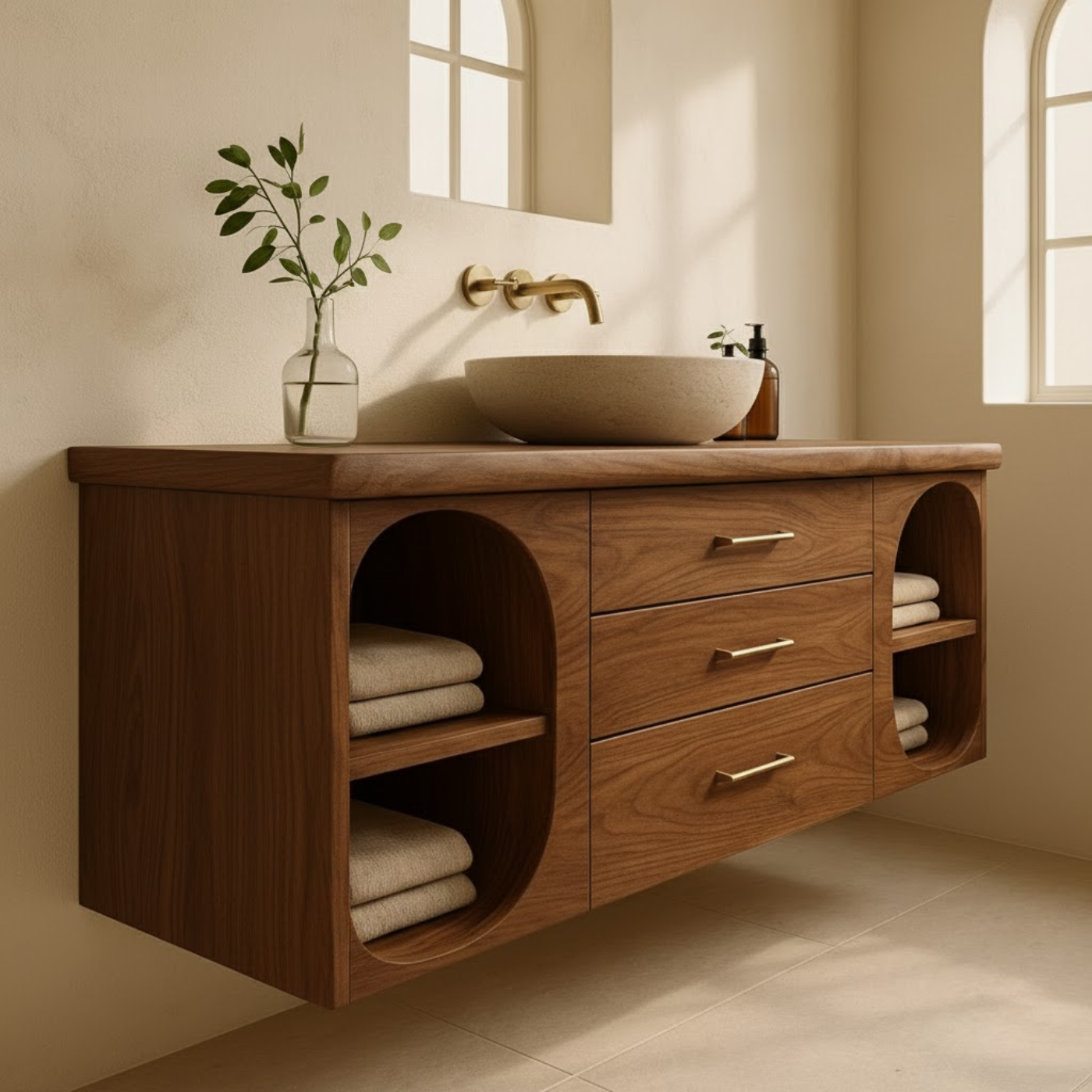 Handcrafted Solid Wood Floating Vanity - Modern Wall-Mounted Cabinet with Arches Kitchnce