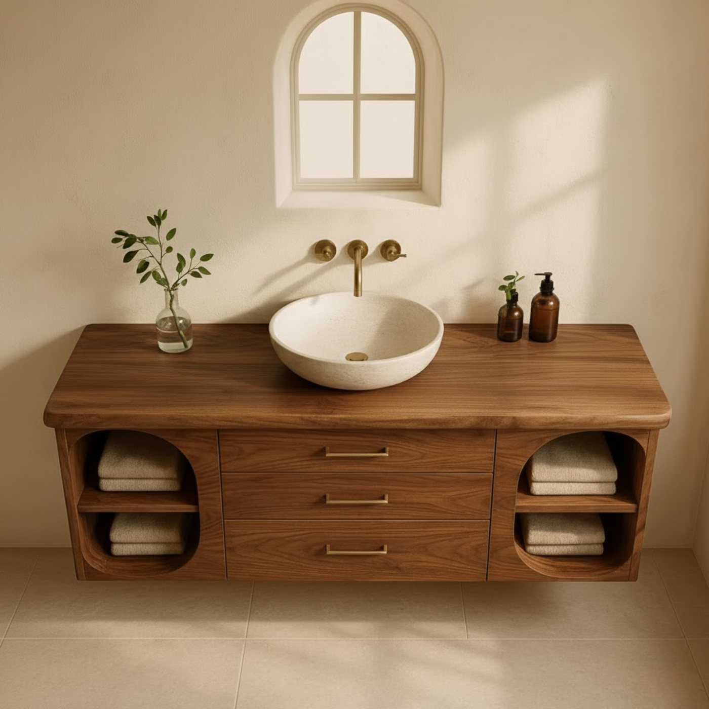 Handcrafted Solid Wood Floating Vanity - Modern Wall-Mounted Cabinet with Arches Kitchnce