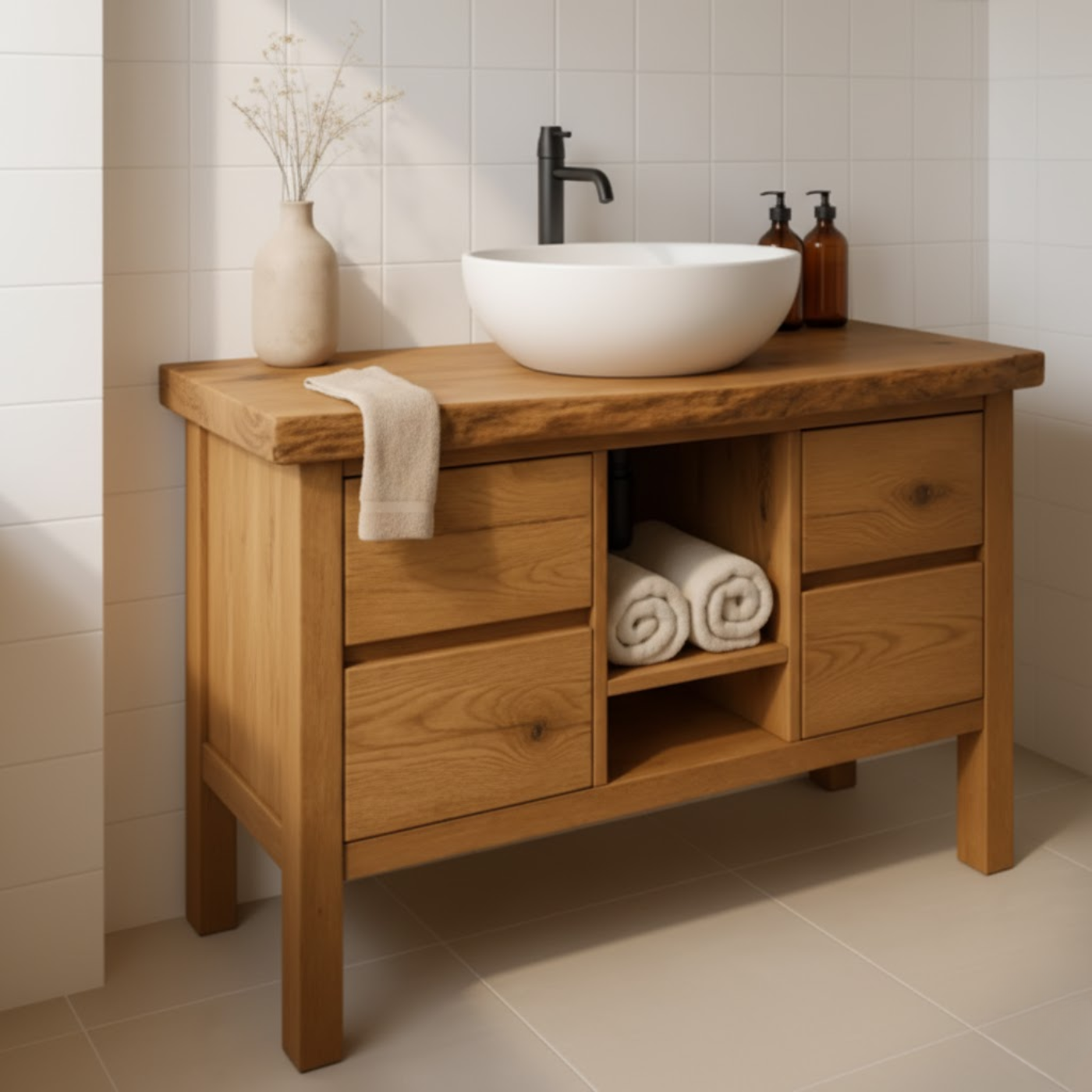 Handcrafted Solid Wood Bathroom Vanity - Live Edge Top with Drawers & Open Shelf Storage Kitchnce