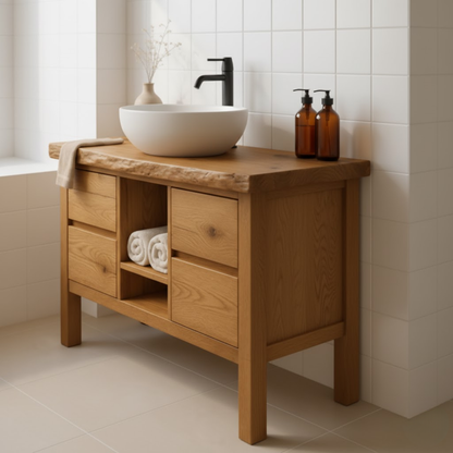 Handcrafted Solid Wood Bathroom Vanity - Live Edge Top with Drawers & Open Shelf Storage Kitchnce