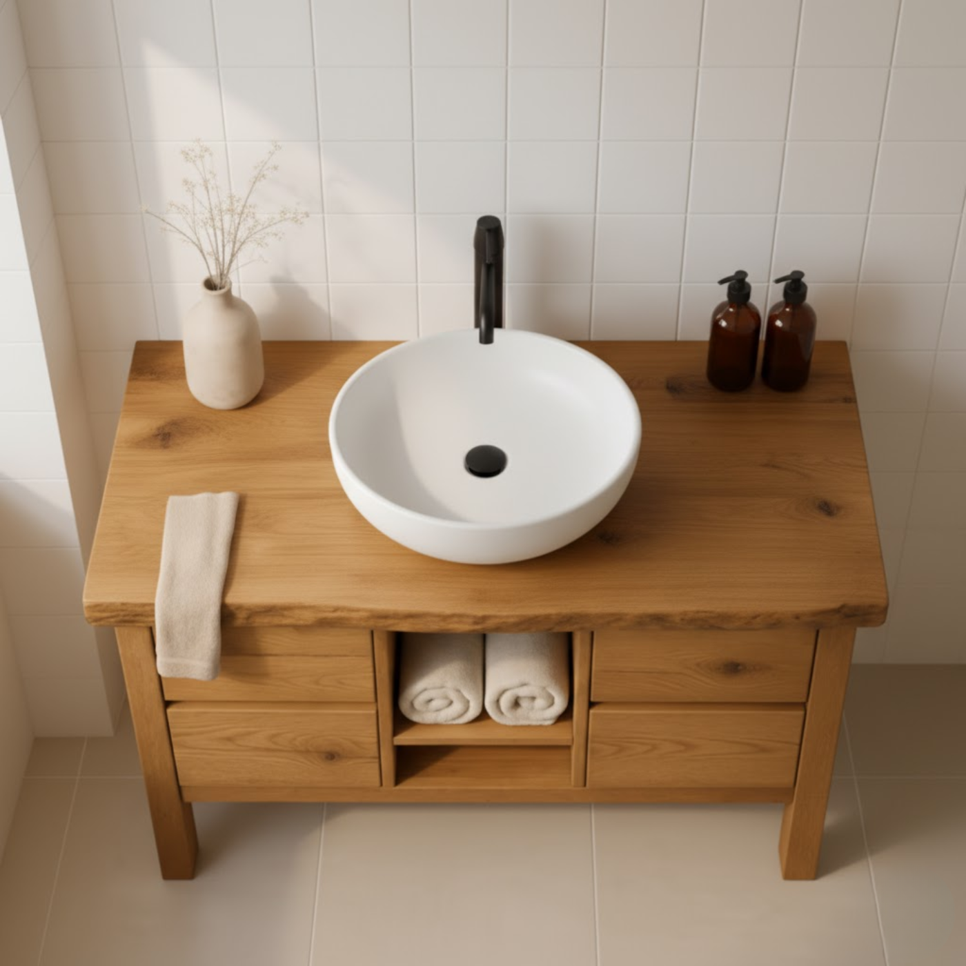 Handcrafted Solid Wood Bathroom Vanity - Live Edge Top with Drawers & Open Shelf Storage Kitchnce
