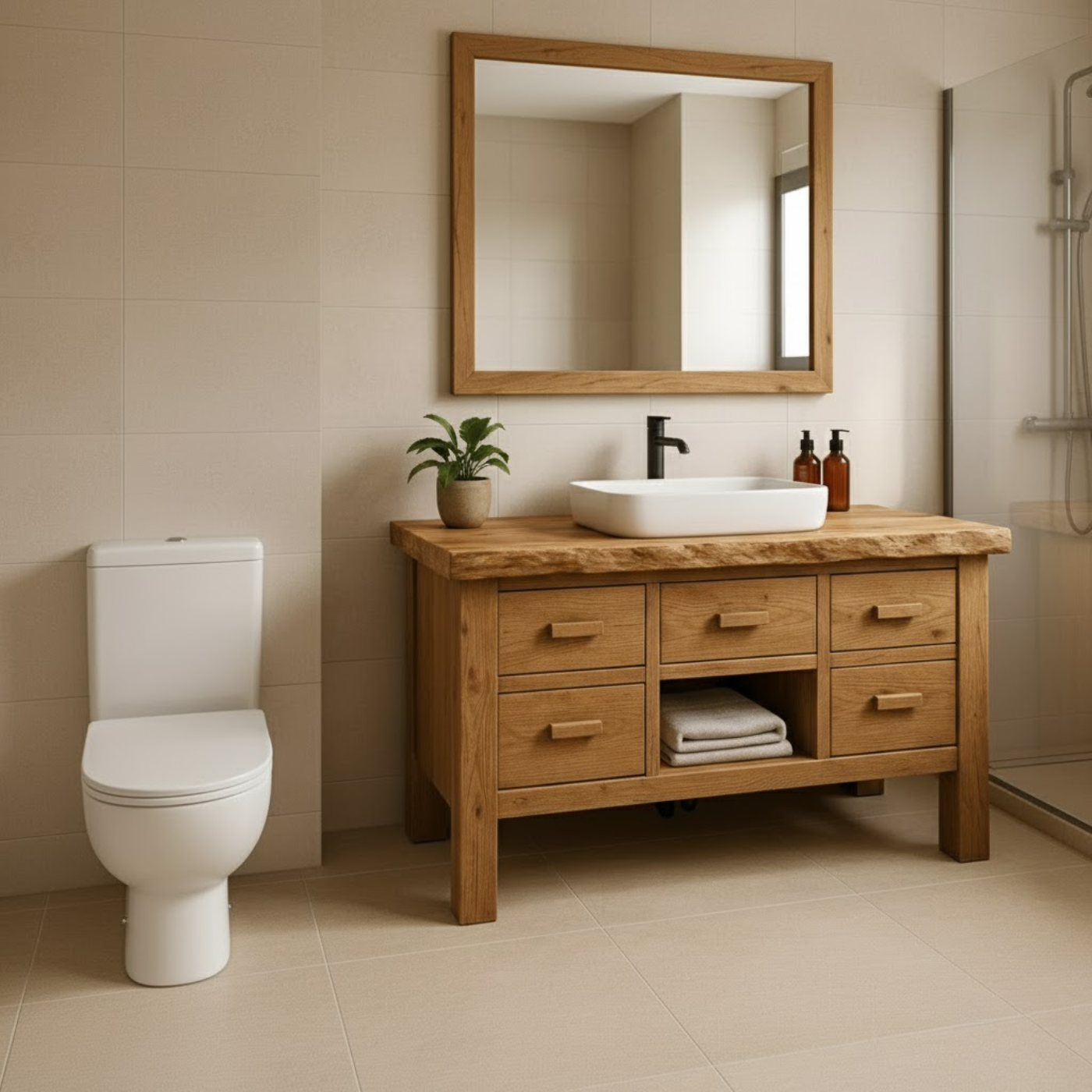 Handcrafted Solid Wood Bathroom Vanity - Live Edge Storage Cabinet with 6 Drawers & Shelf Kitchnce