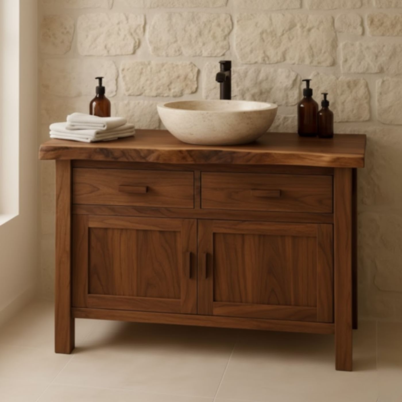 Handcrafted Solid Wood Bathroom Vanity - Live Edge Top Cabinet with Drawers & Doors Kitchnce