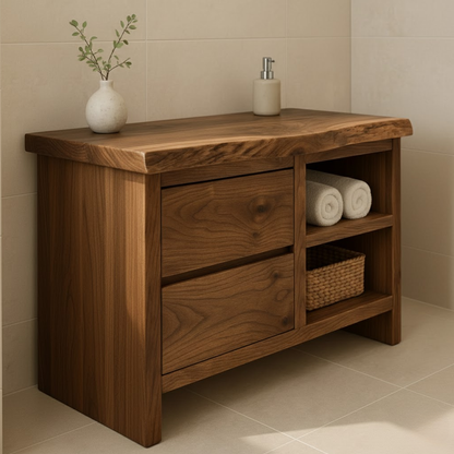 Handcrafted Solid Wood Bathroom Vanity - Rustic Drawers & Open Shelf Kitchnce