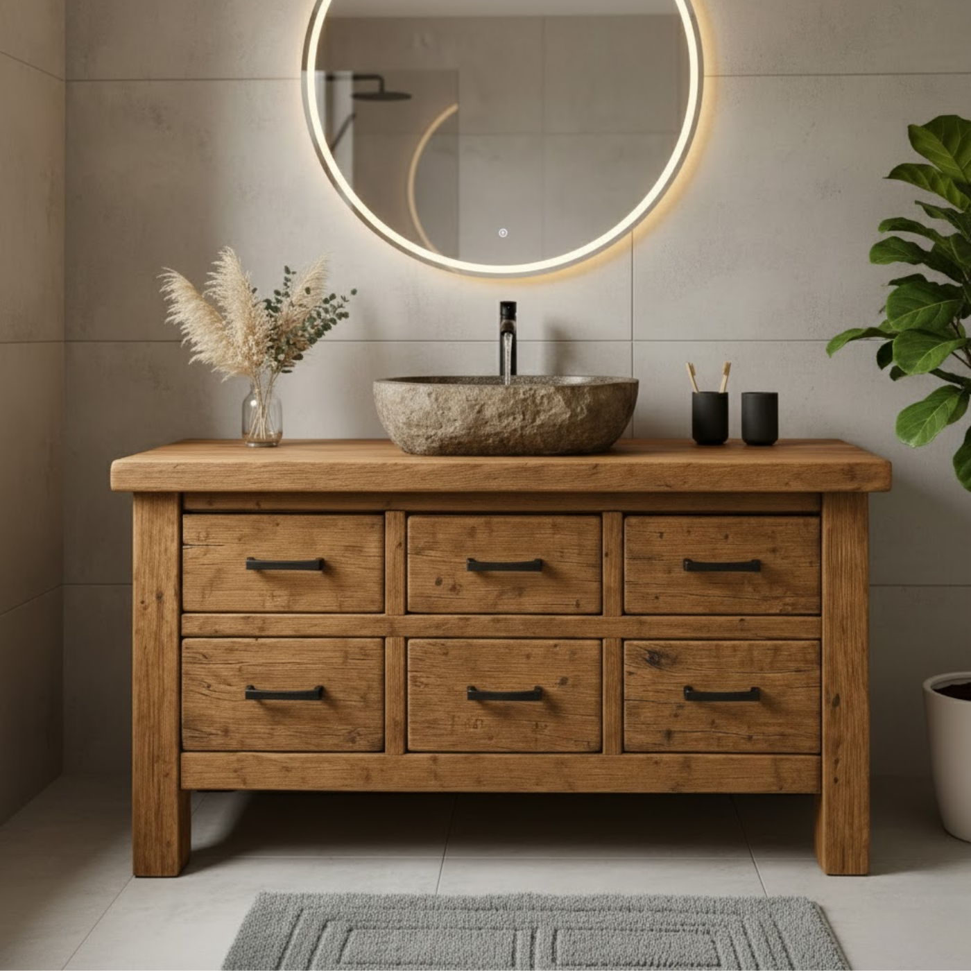 Handcrafted Soild Wood Bathroom Vanity - Farmhouse Storage Cabinet with 6 Drawers Kitchnce