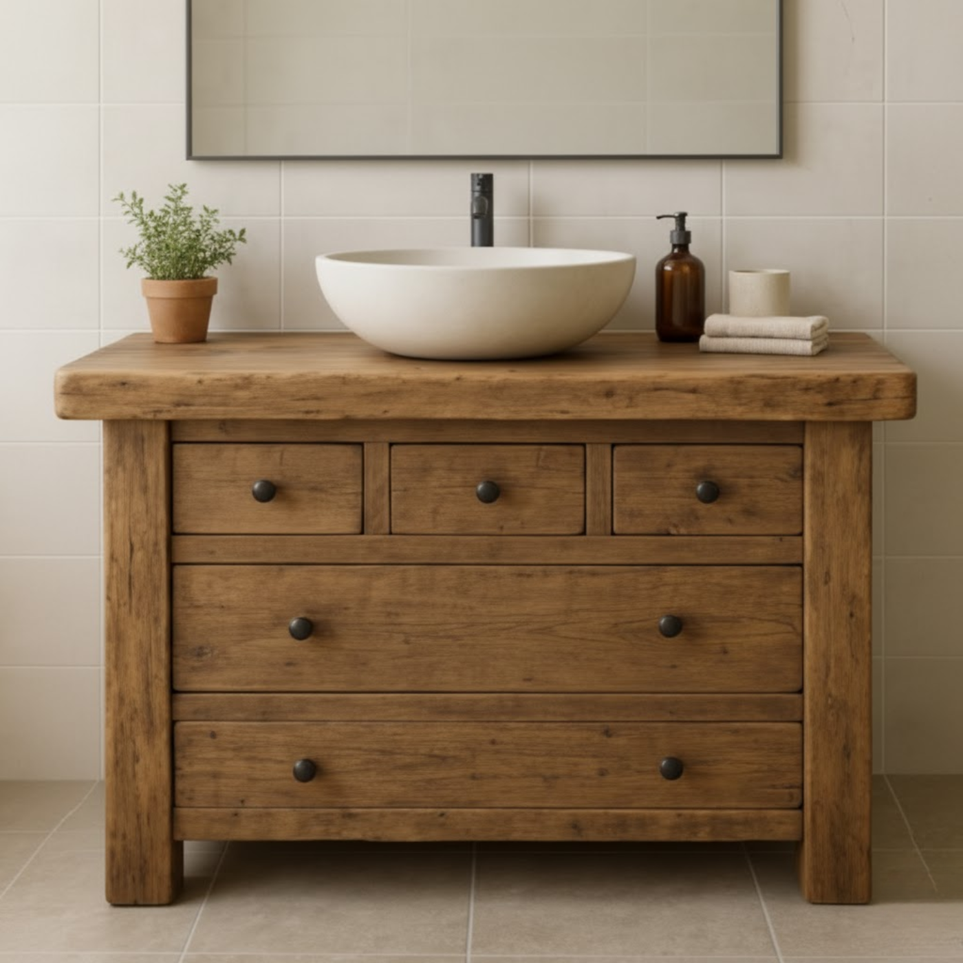 Handcrafted Solid Wood Single Bathroom Vanity - Rustic Storage Cabinet with Drawers Kitchnce