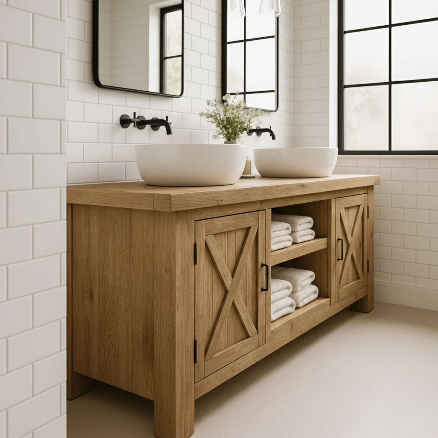 Handcrafted Solid Wood Bathroom Vanity - Farmhouse Double Sink Cabinet - Rustic Oak Storage Furniture Kitchnce