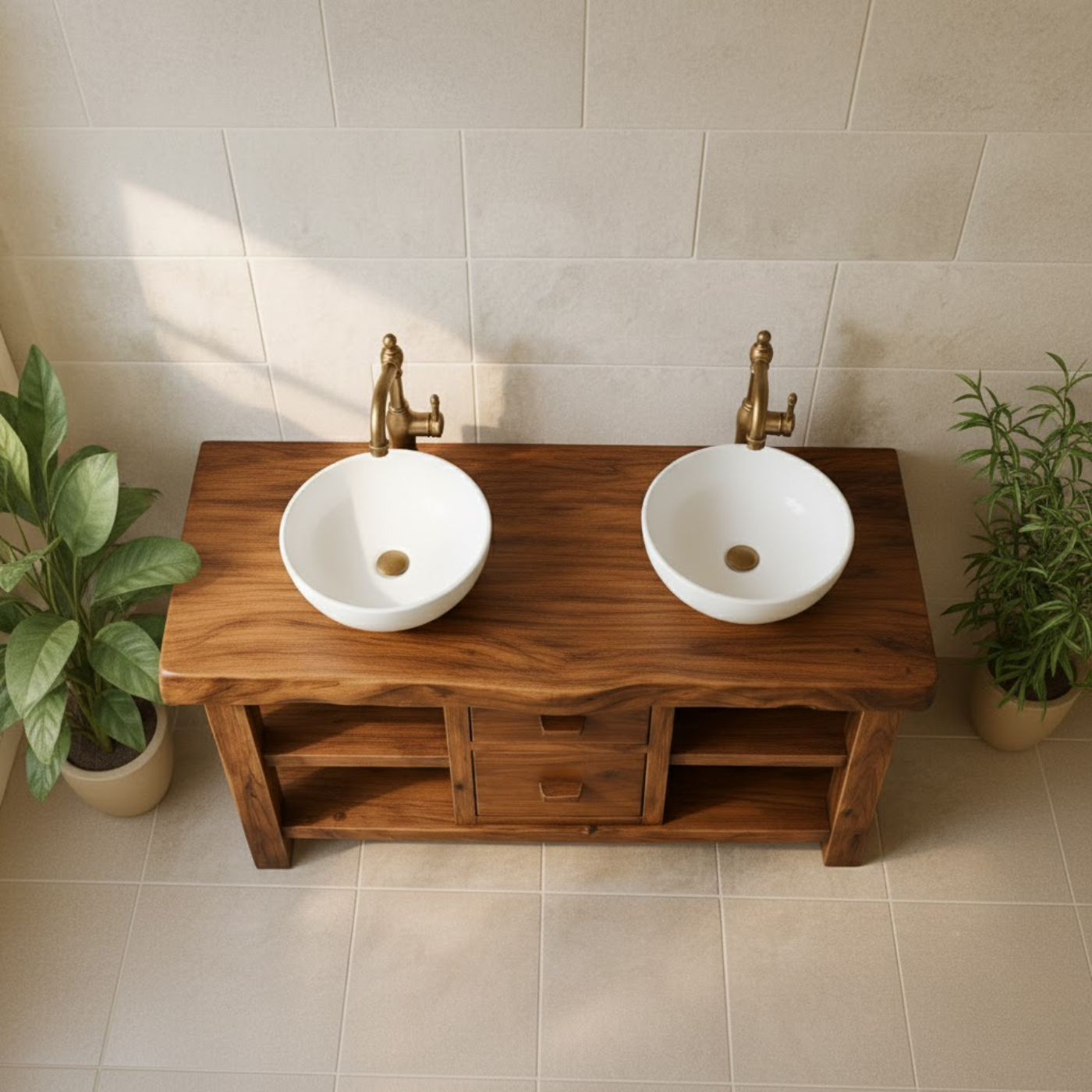 Handcrafted Solid Wood Floating Double Vanity - Live Edge Top, 2 Drawers & Open Shelves Kitchnce